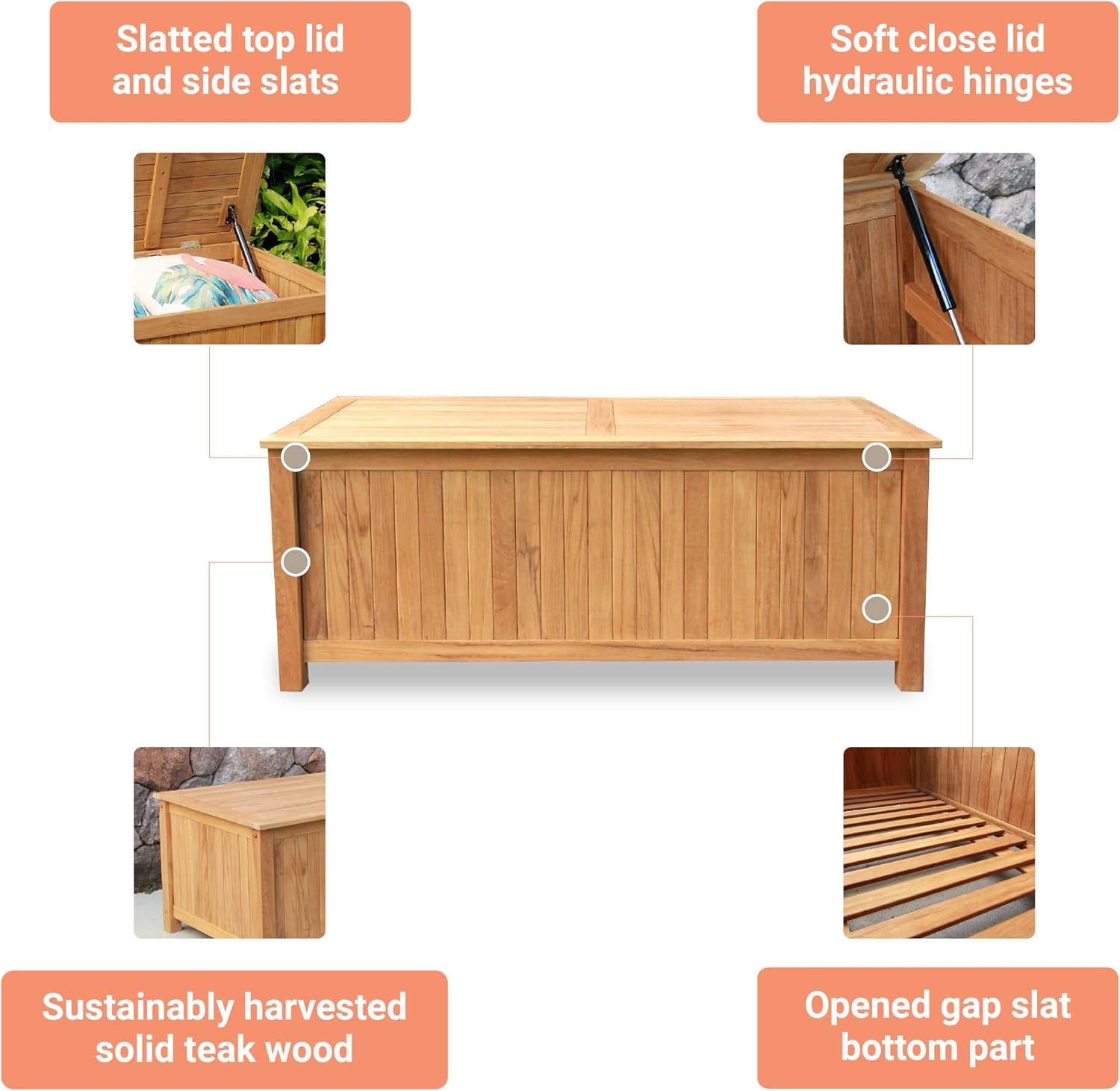 Cambridge Casual Arie 48-Inch Teak Outdoor Deck Box Storage Chest – Weather-Resistant Patio Organizer with Soft-Close Lid for Pool or Garden Storage, 49 Gallons