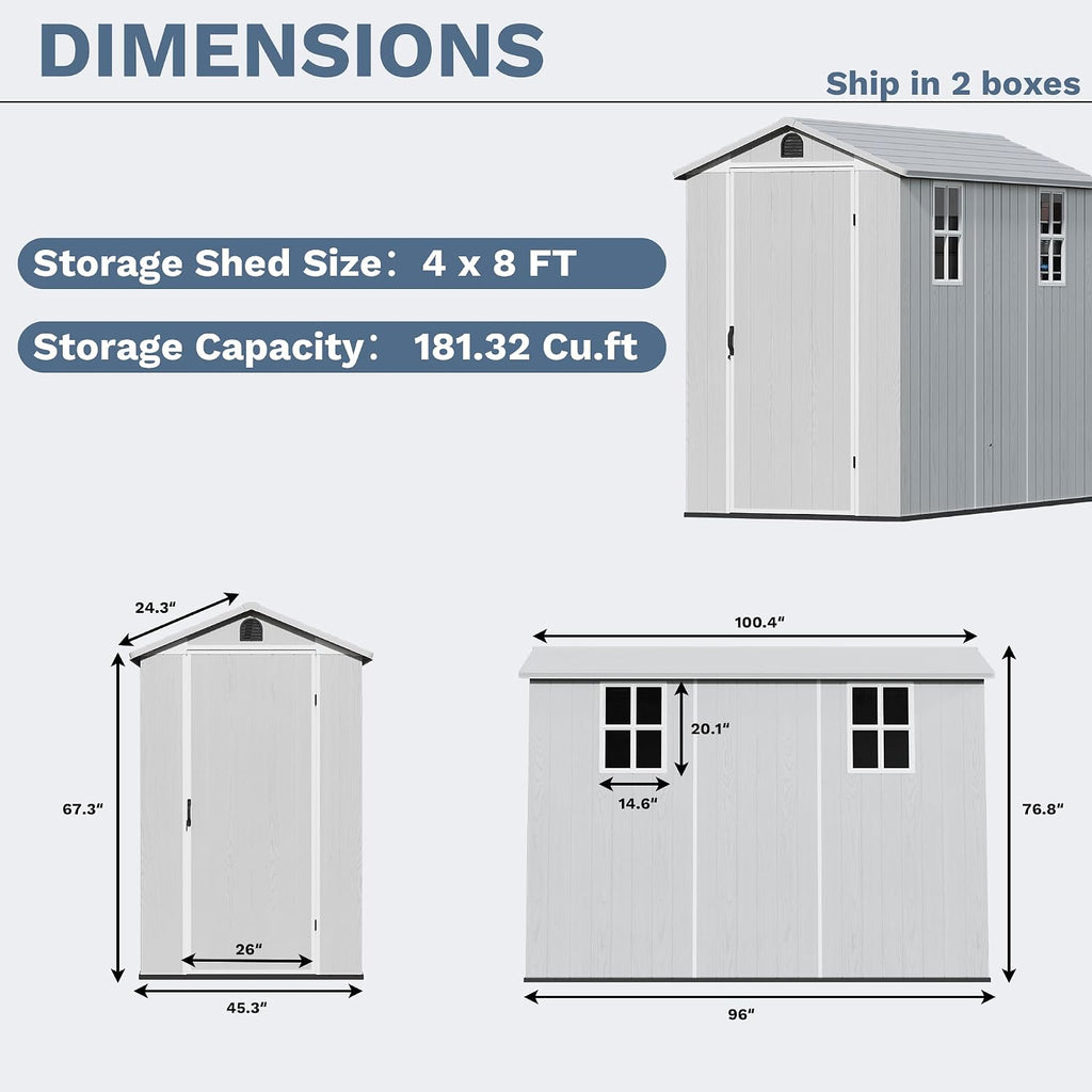 Devoko 4×8 FT Resin Outdoor Storage Shed, Garden Shed with Floor, Lockable Door and Two Windows, Waterproof Outside Plastic shed for Backyard, Bike, Tools, Lawn Mower, Light Grey