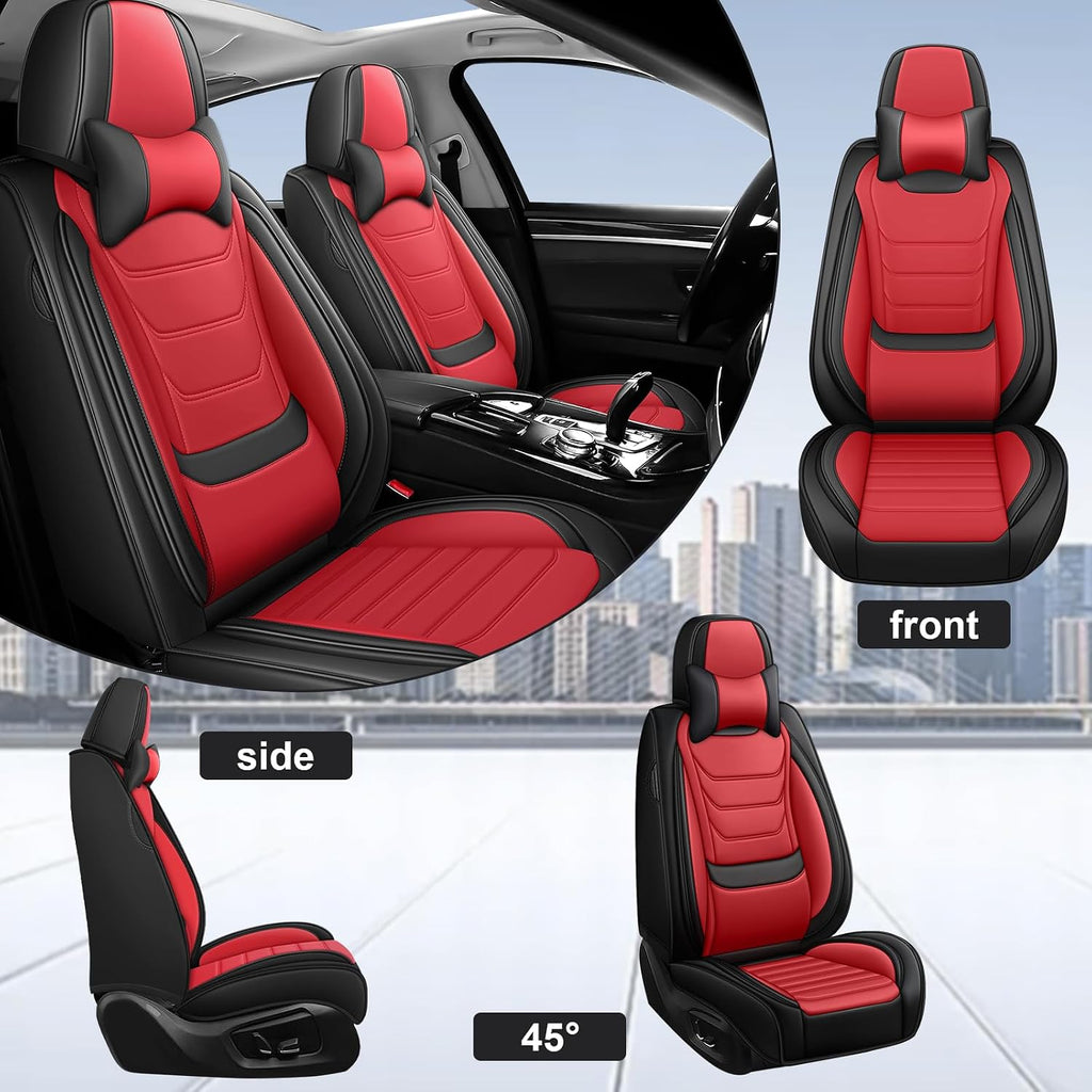 DHAEY Car Seat Covers for Kia NIRO 2017-2025, Family Seat Covers, Nappa Leather, Wear-Resistant, Anti-Slip, Waterproof, 2PCS Front with Pillows, Black Red