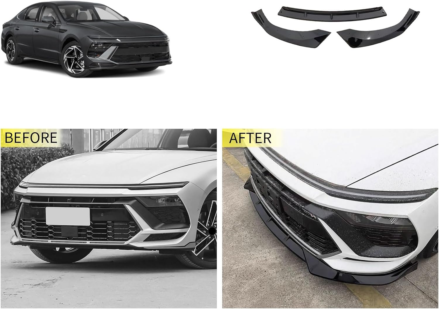 Front Bumper Lip Splitter Kit Compatible with Hyundai Sonata 1.5T SE，SEL，SEL Convenience/Hybrid Limited 2024 2025 Lower Chin Spoiler Splitter Exterior Car Accessories ABS 3PCS(Black)