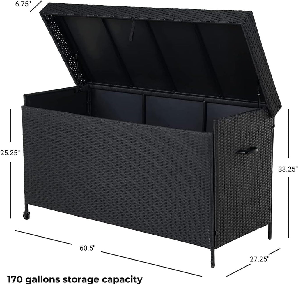Grand 170 Gallon Deck Storage Bin - Outdoor/Indoor Wicker Storage for Patio Furniture Cushions, Garden Tools, Pool Accessories - Black