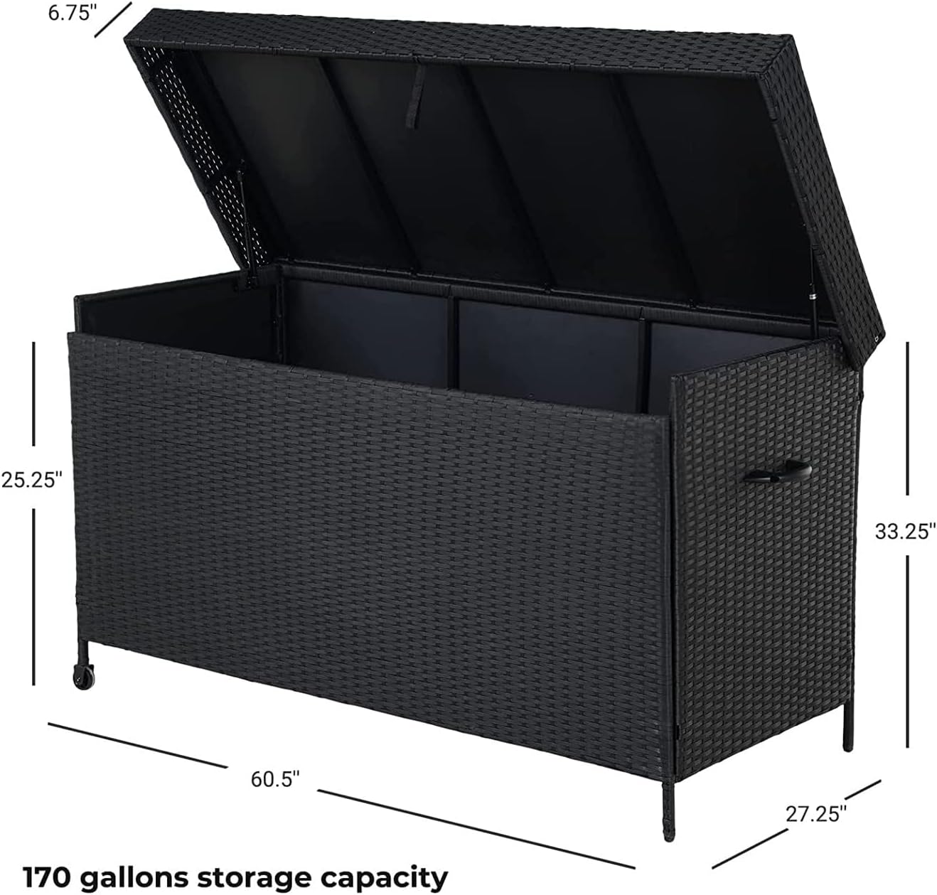 Grand 170 Gallon Deck Storage Bin - Outdoor/Indoor Wicker Storage for Patio Furniture Cushions, Garden Tools, Pool Accessories - Black