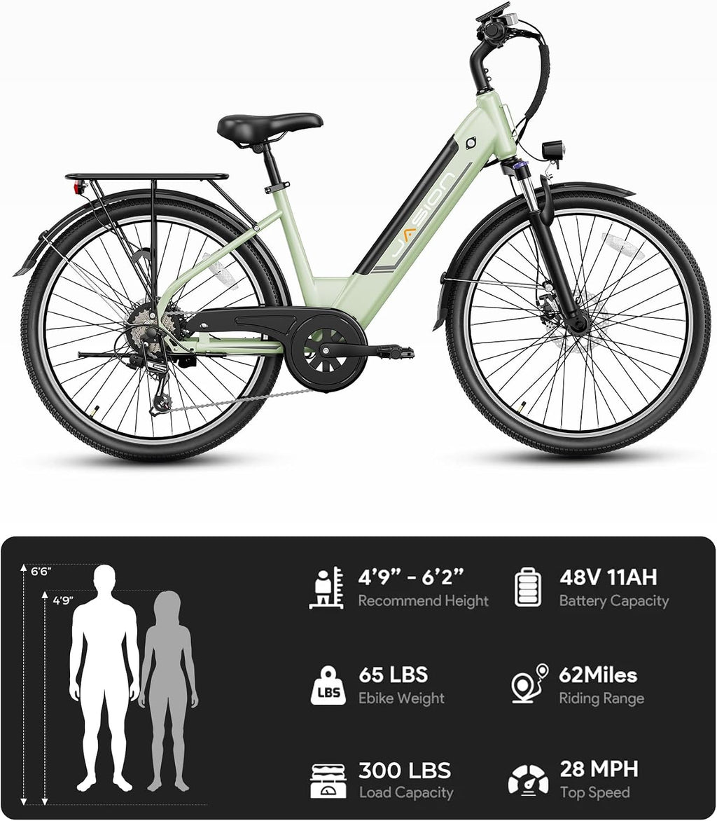 Jasion Roamer/ST/Pro Electric Bike for Adults, 26' Commuter Ebike 1200W 528WH Removable Battery, 28MPH 40-62miles,Electric Bicycles for Women/Man,UL2849 Certified