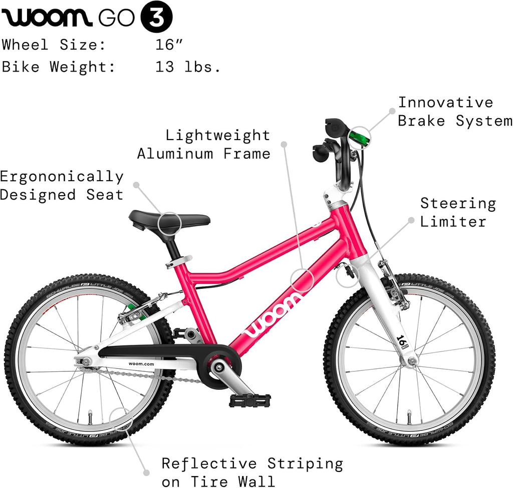 woom GO 3 / GO 3 AUTOMAGIC Kids' Bike, 16-Inch Lightweight Bicycle for Ages 4–6, Handbrakes, Steering Limiter, Chainguard, Boys & Girls