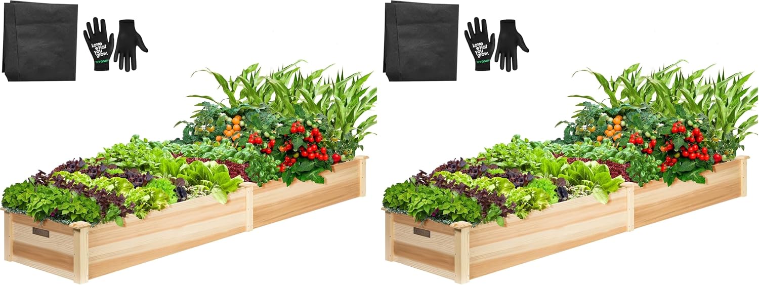 VIVOSUN 8×2Ft Wooden Raised Garden Bed, 97 x 25 x 11 Inches, Outdoor Wood Planter Box with Gloves and a Liner for Garden, Patio, Balcony, Backyard and Outdoors (Pack of 2)