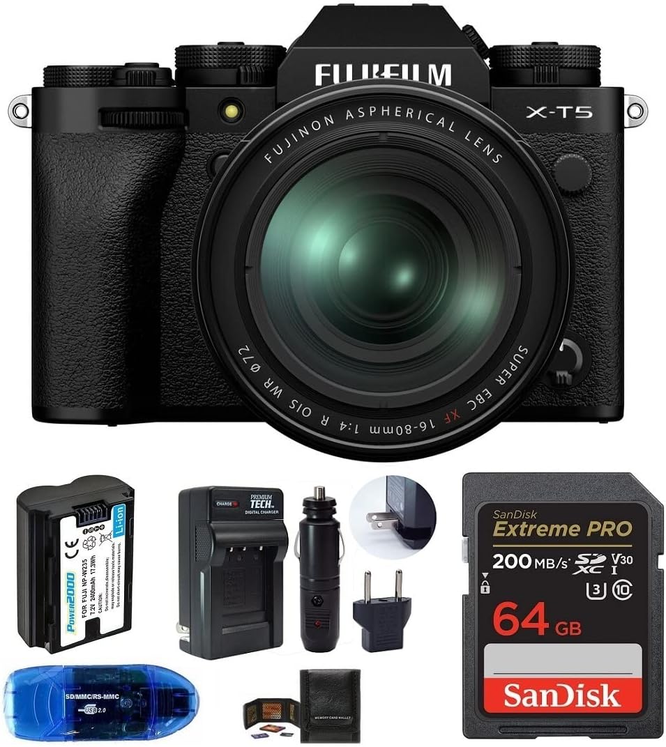 Fujifilm X-T5 Mirrorless Digital Camera with XF 16-80mm f/4 R OIS WR Lens Bundle, Includes: SanDisk 64GB Extreme PRO SDXC Memory Card, Spare Battery + More (6 Items) (Black)