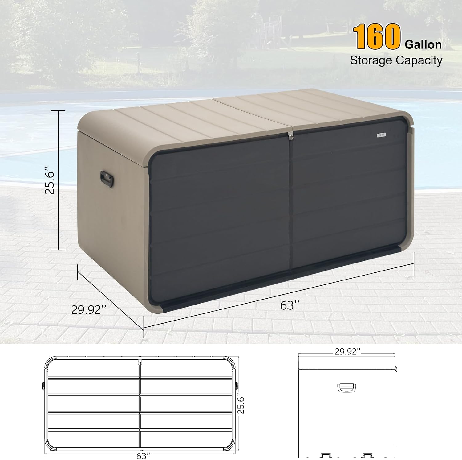 Domi 160 Gallon Resin Deck Box, Waterproof & UV-Resistant Outdoor Large Storage Box Lockable Storage Bin for Patio Cushions Pool Supplies Garden Tools and Delivery Storage