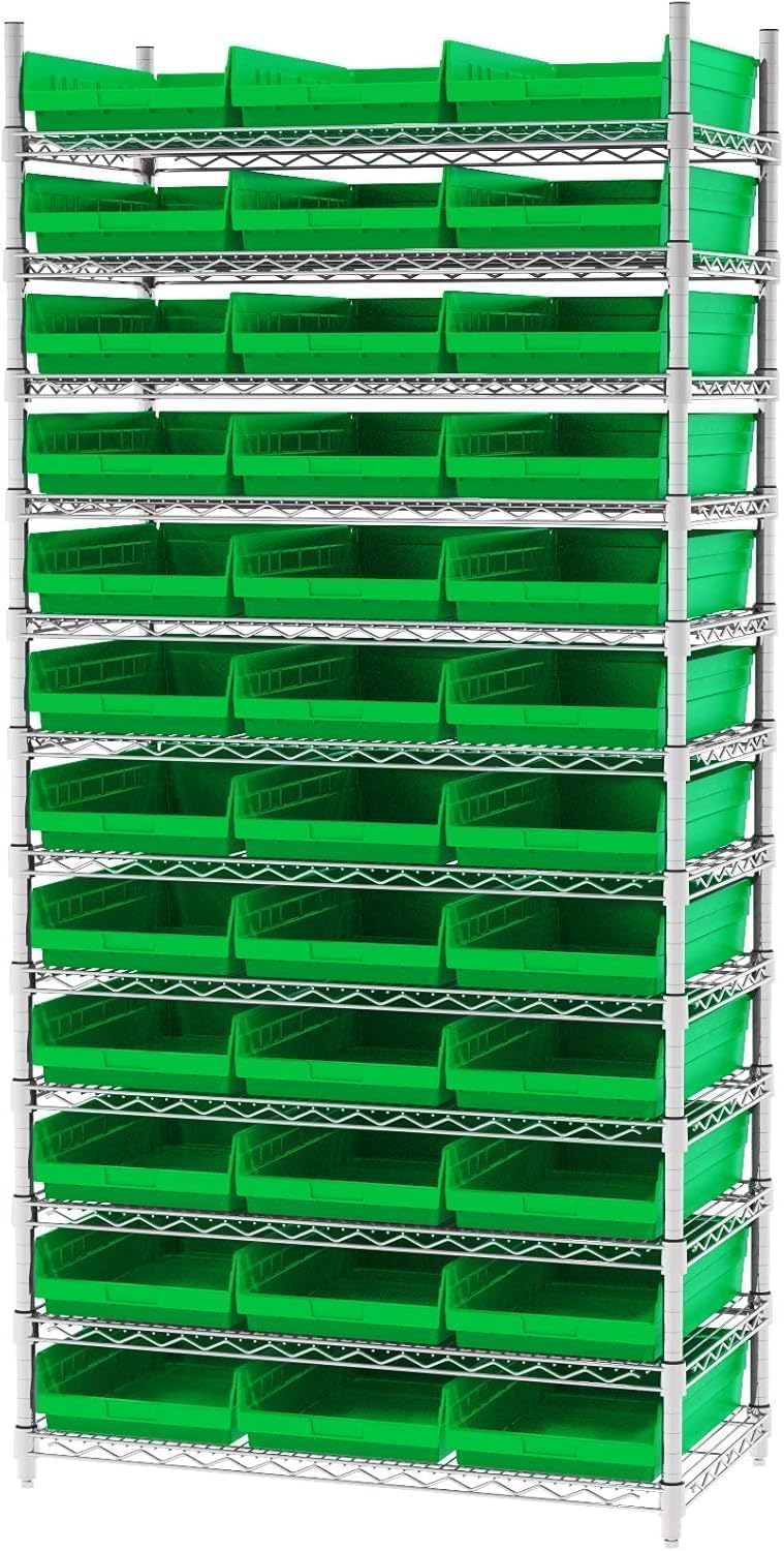 Akro-Mils 30178 Plastic Shelf Bins, Heavy Duty Storage Bins for Garage, Closet, and Drawer Organization, 18-Inch x 11-Inch x 4-Inch, Green, 12-Pack