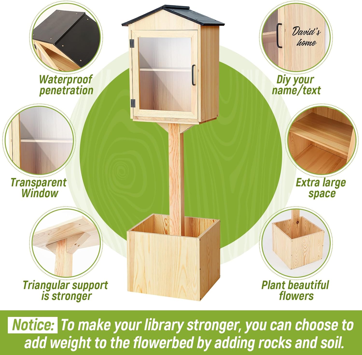 Wonderjune Little Library Box Outdoor, Durable Weatherproof Solid Wood Book Exchange Box with Floor Plugs and Small Flower Fence for Community, Literature, School Sharing Book(Natural Wood,Steepletop)