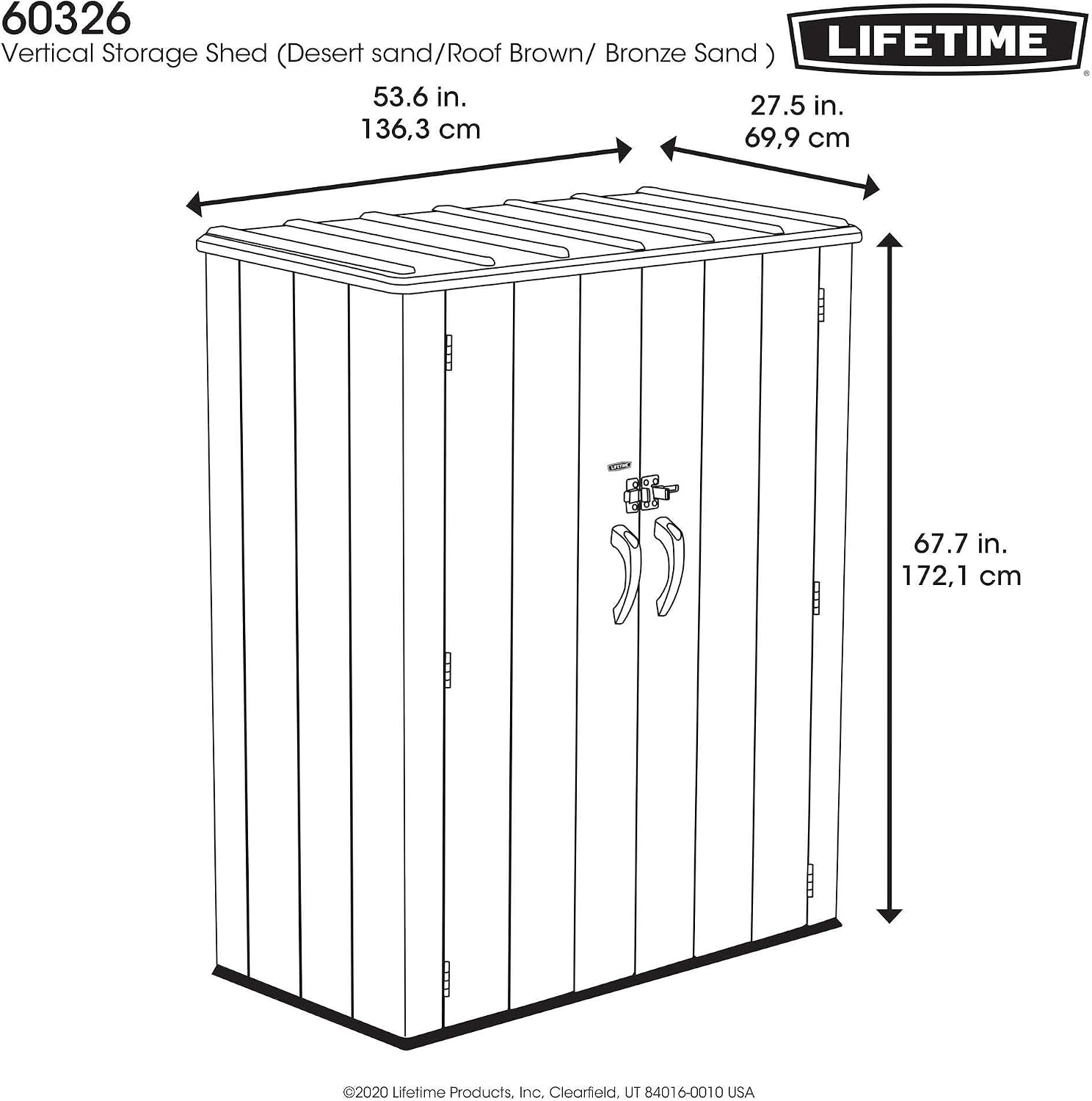 Lifetime Vertical Storage Shed, Desert Sand, Resin Outdoor Tool Shed with Lockable Doors and Weather-Resistant Panels