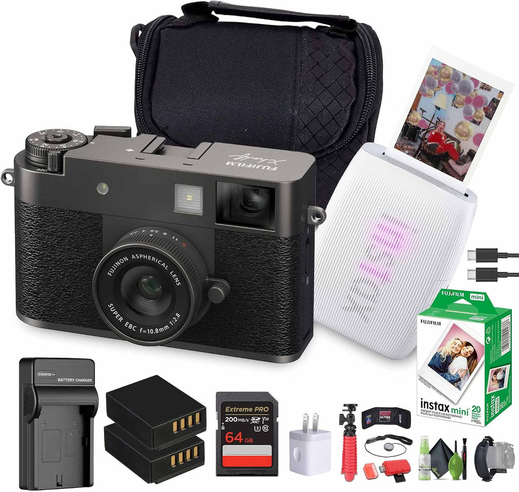FUJIFILM X Half Premium Compact Digital Camera (Charcoal Silver) Bundle with Fuji Link 3 Smartphone Printer (Clay White) + Instax Mini Film + Extra Battery + Charger + 64GB Memory Card + More