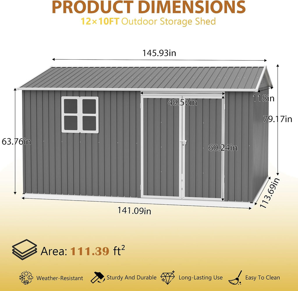 10x12 FT Outdoor Metal Storage Shed, Large Garden Tool Shed with Window & Metal Frame Floor for Patio Storage