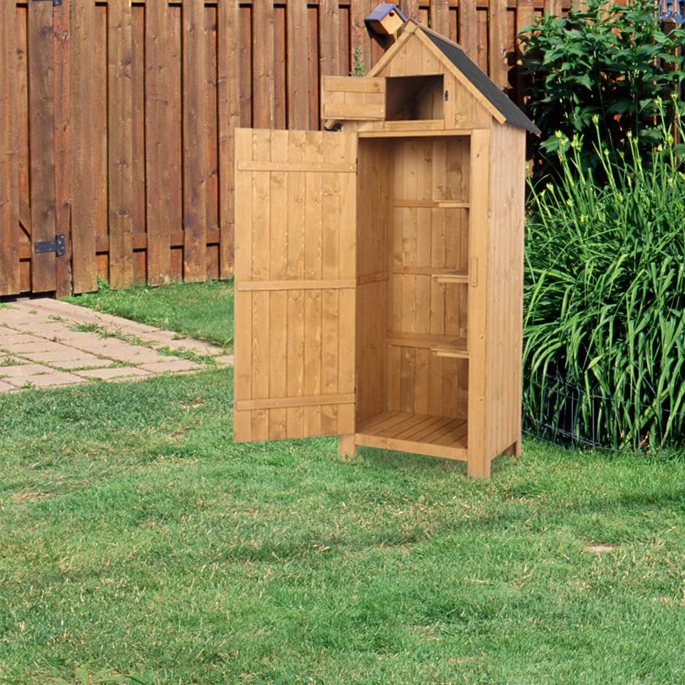 Outvita Outdoor Storage Cabinet, 70in Wooden Vertical Garden Tools Shed, Patio Storage Organizer with Latch & Waterproof Roof for Yard Deck Lawn Farmland Equipment(Natural)