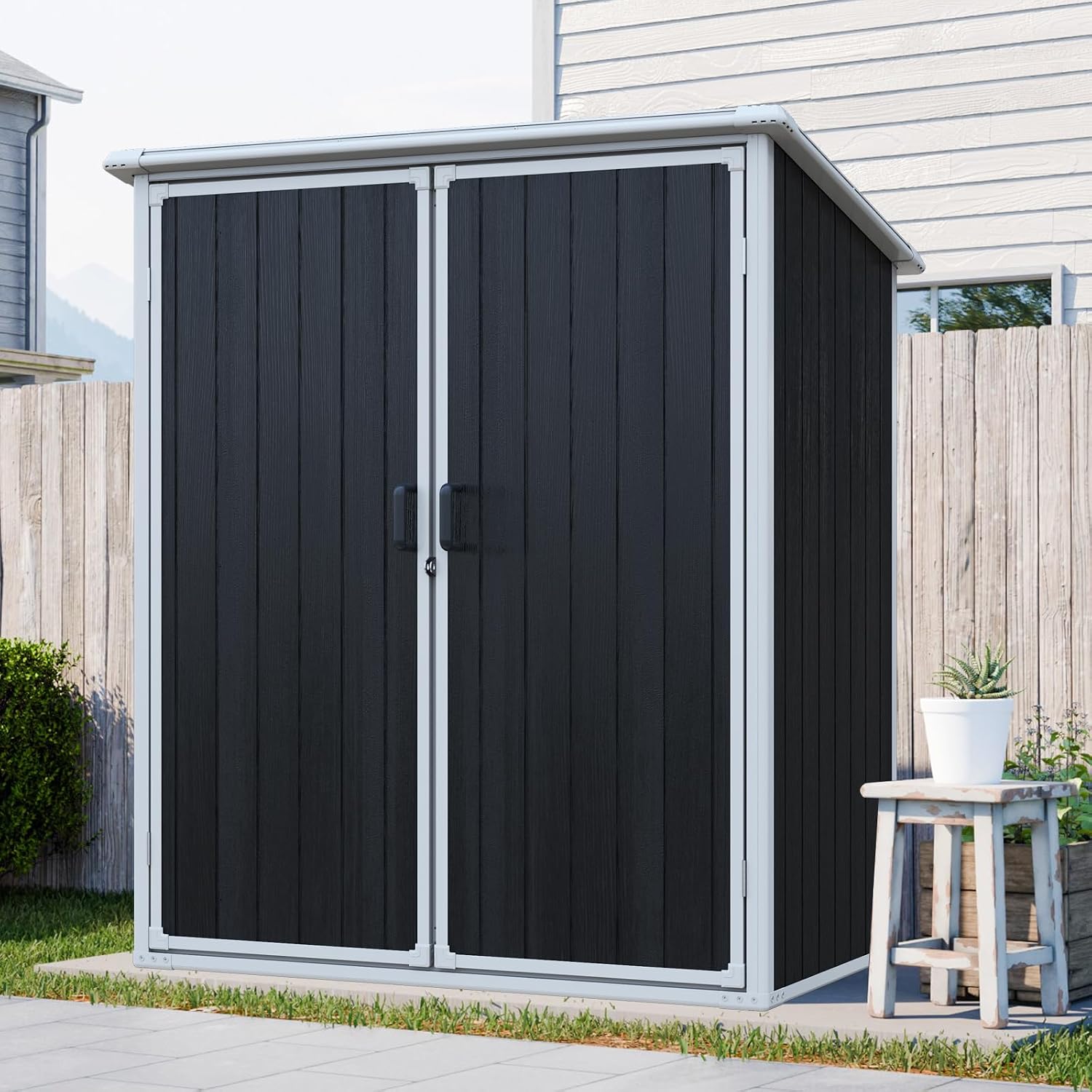5x3 FT Outdoor Storage Shed，Resin Waterproof Cabinet with Lockable Doors for Patio Furniture and Bikes，Pool Accessories and Tools Black