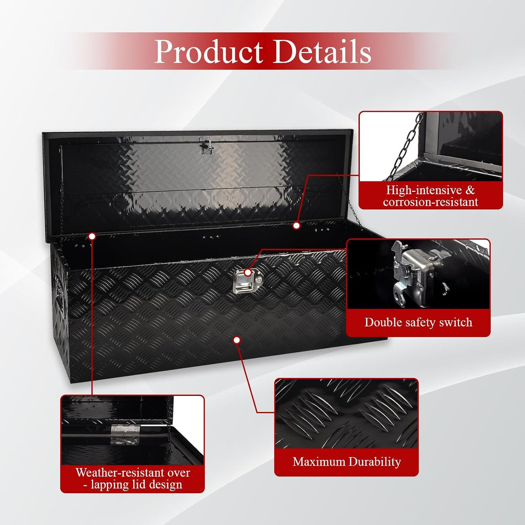 48''Inch Aluminum Truck Tool Box Truck Bed Toolbox Truck Trailer Chest Box Trailer Underbody Storage Organizer Waterproof Square Storage Organizer w/Lock & Keys Black(‎48' Lx15 Wx15 H)