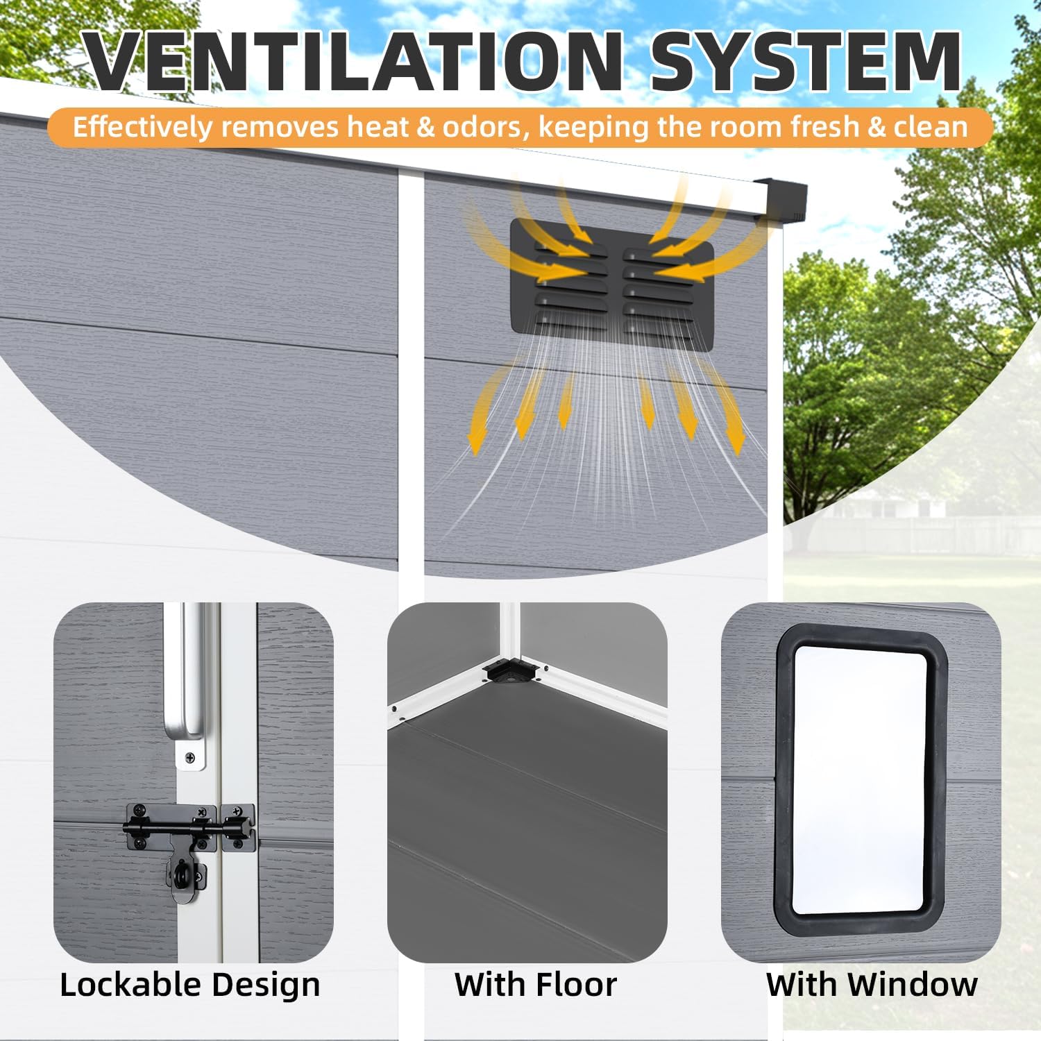 MELLCOM 5 x 4 FT Outdoor Storage Tool Shed with Windows and Lockable Door, Resin Outdoor Storage Shed with Floor, Resin Garden Shed for Garbage Can, Lawnmower, Bike