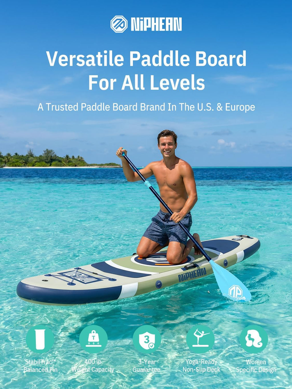 Niphean（Ultra-Light） Inflatable Paddle Board with StabilTrac Fin and Durable SUP Accessories, 10' Stand Up Paddle Boards for Adults & Youth, Versatile Yoga Paddle Board, Gift Ideas