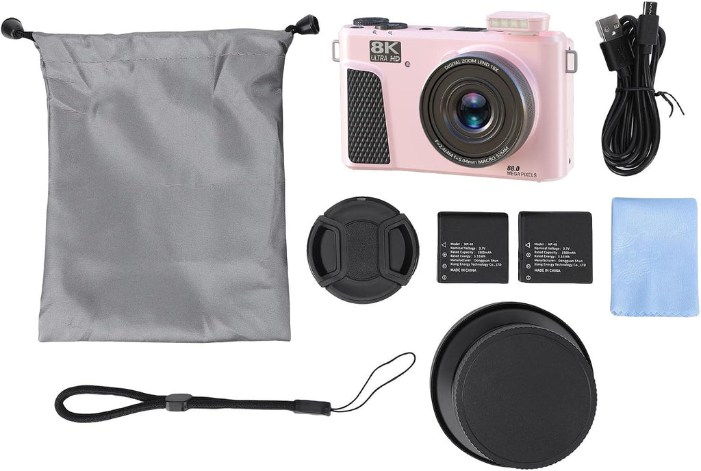 PUSOKEI 8K Digital Camera for Photography, 88MP Vlogging Camera with 3' 180 Flip Screen, 18X Zoom, Autofocus, Wide Angle Lens, WiFi Mirrorless Cameras with 32GB Card, 2 Batteries (Pink)