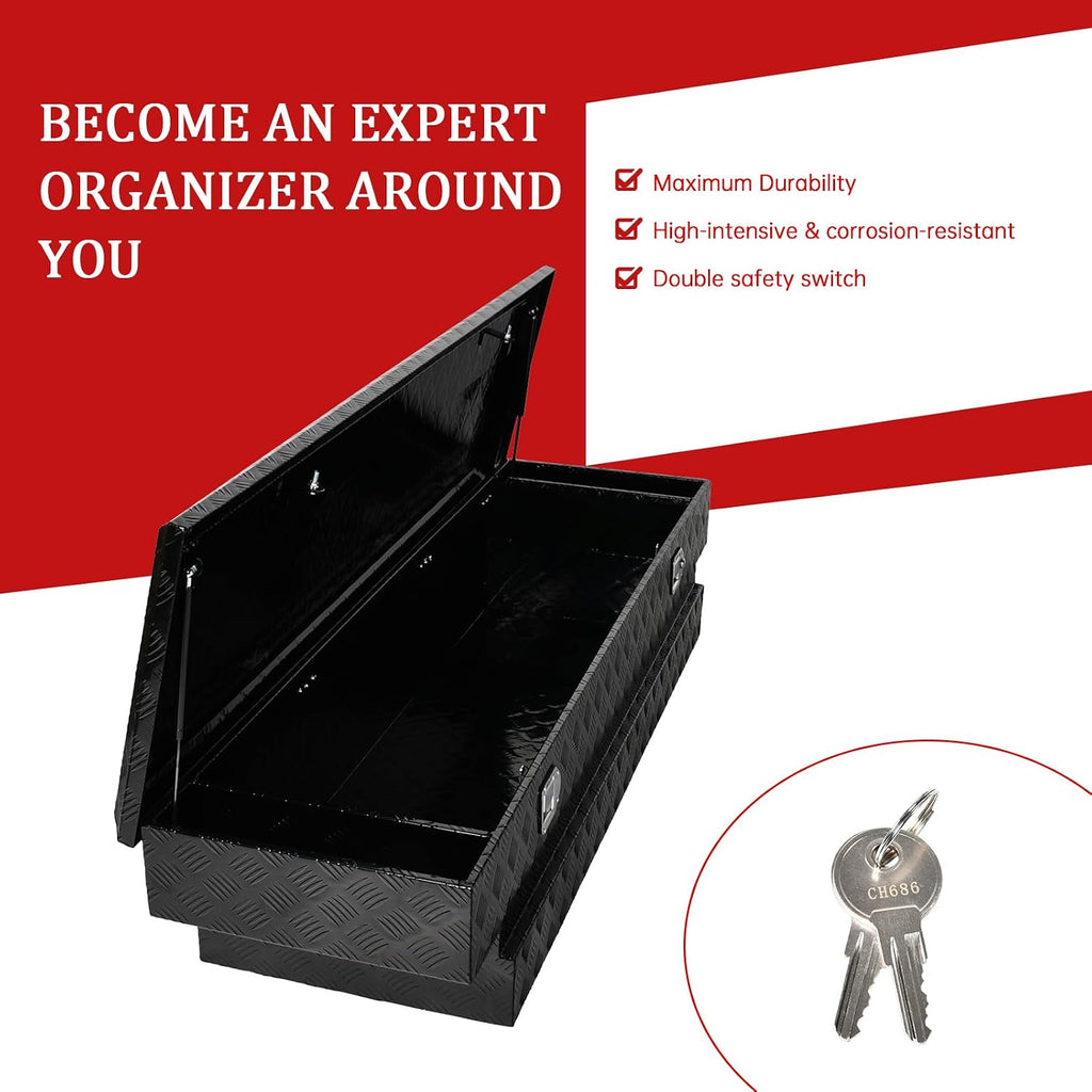 70''Inch Aluminum Truck Tool Box Truck Bed Toolbox Truck Trailer Chest Box Trailer Underbody Storage Organizer Waterproof Square Storage Organizer w/Lock & Keys Black(‎69.88' Lx20 Wx14.75 H)
