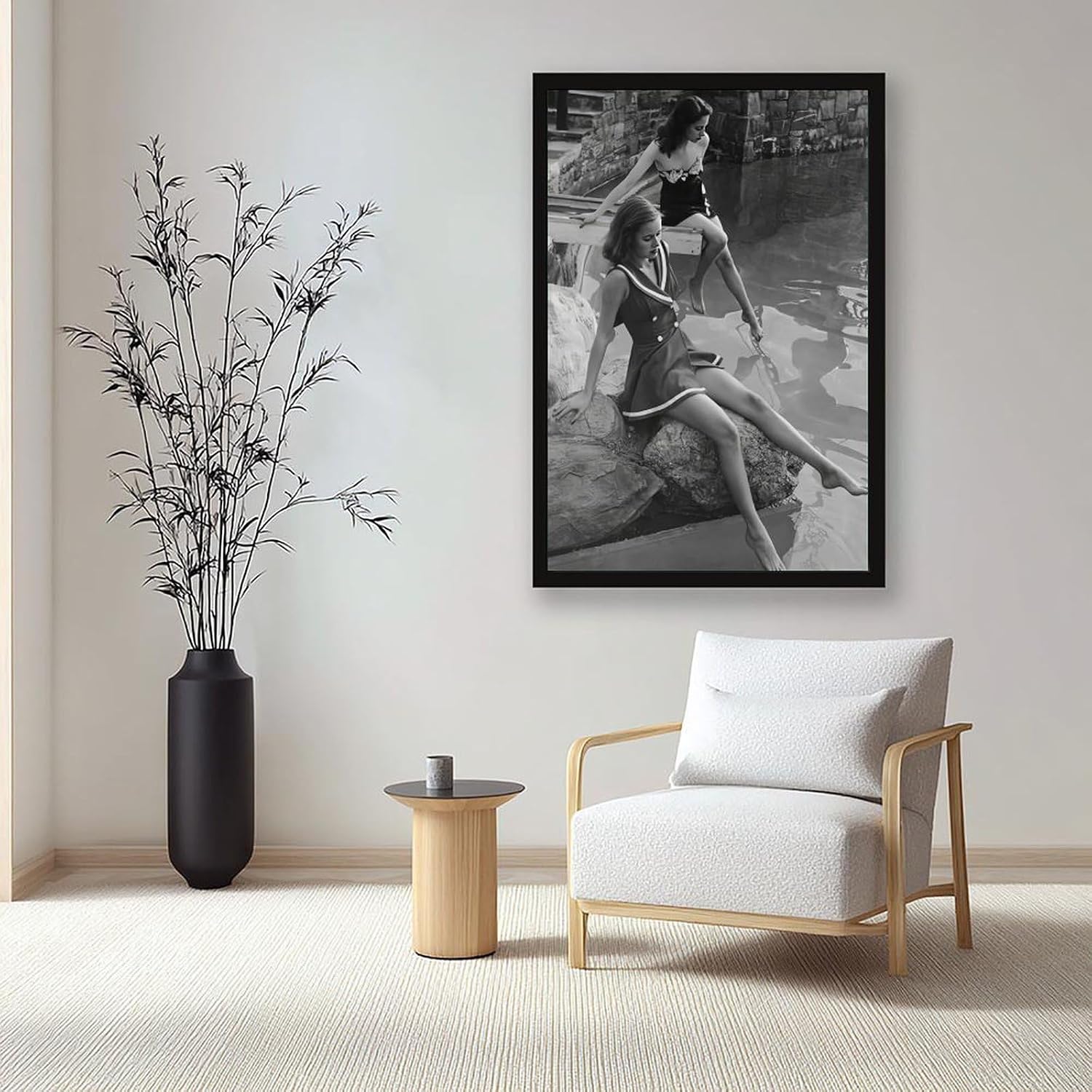 UXCBIA Young Woman, Paris, France, 1950s, Retro Women's Fashion Swimsuit, Black And White Poster Canvas Poster Bedroom Decor Sports Landscape Office Room Decor Gift Black Frame 24x36in(60x90cm)