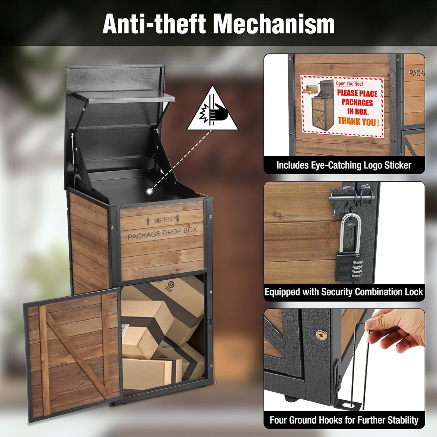 Package Delivery Box with Anti-Theft Lock & Weatherproof Design - 40+ Gallon Large Outdoor Parcel Drop Box for Porch, Metal/Wood Frame for UPS/FedEx Deliveries