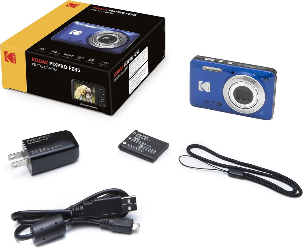 Kodak PIXPRO FZ55 Blue 16MP Digital Camera 5X Optical Zoom 28mm Wide Angle 1080P Full HD Video 2.7' LCD Camera + 64GB Card and Reader + Memory Wallet + Tripod + Cleaning Bundle