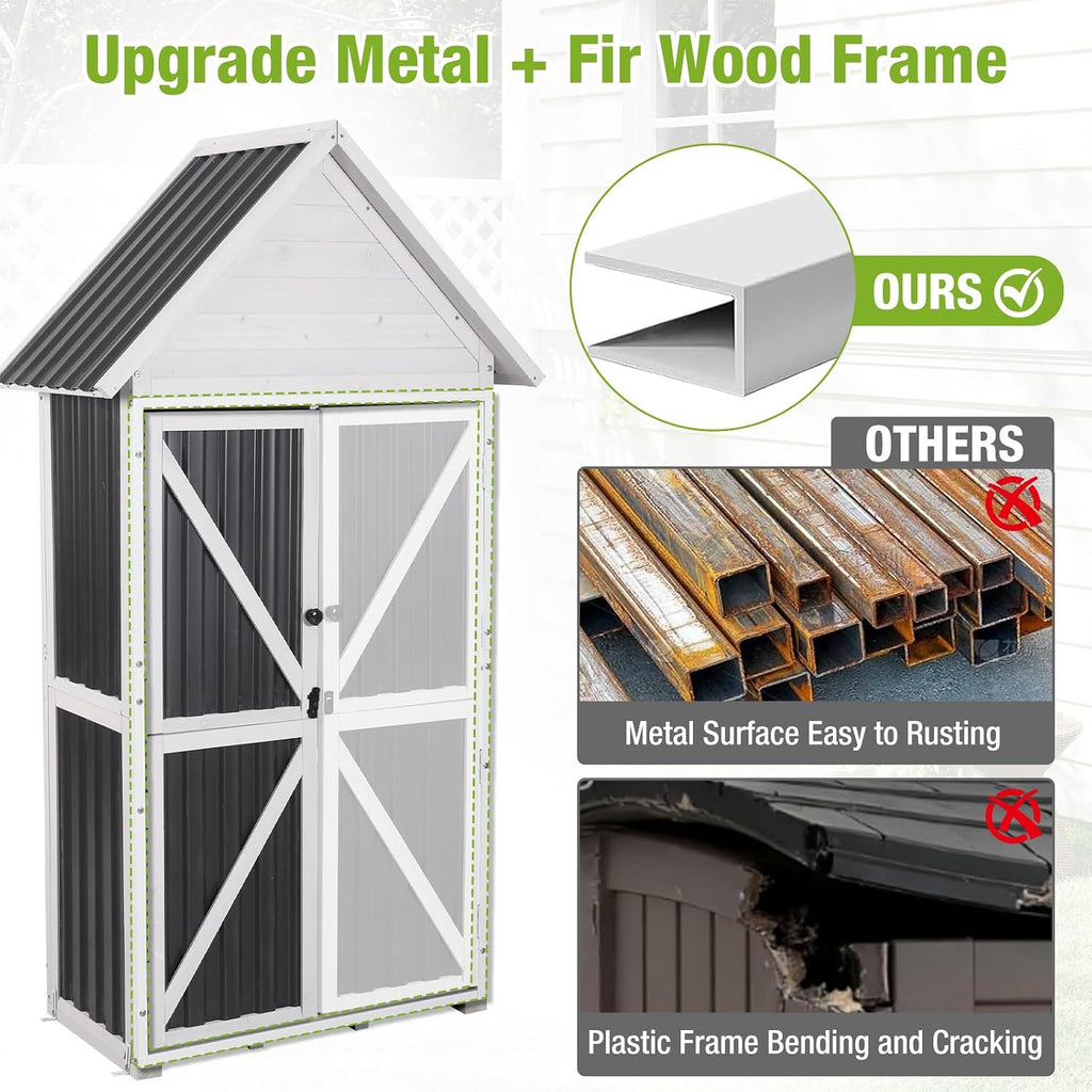 Outdoor Storage Shed with Metal and Wood Frame, Weatherproof Resin Panel and Roof Garden Sheds Garden Sheds with Adjustable Shelves, Tool House with Elevated Floor for Backyard Garden(Black)