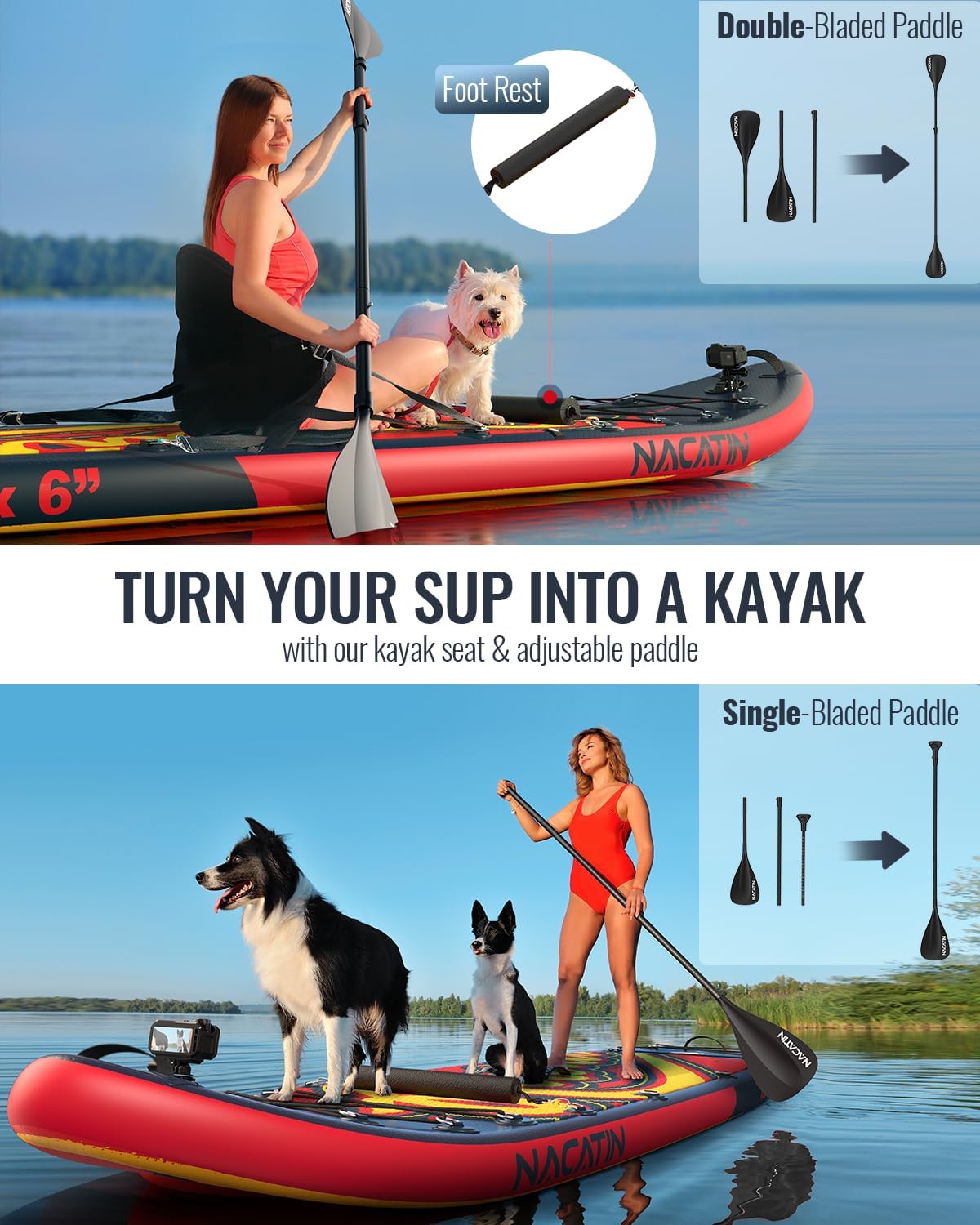 NACATIN 12'/366cm Extra Large Inflatable Stand Up Paddle Board with Seat, Wide 36'/91cm SUP Board for Adults & Family, with Single/Double Paddle, Kayak Seat, Pump, Stable Wide Deck for Beginners