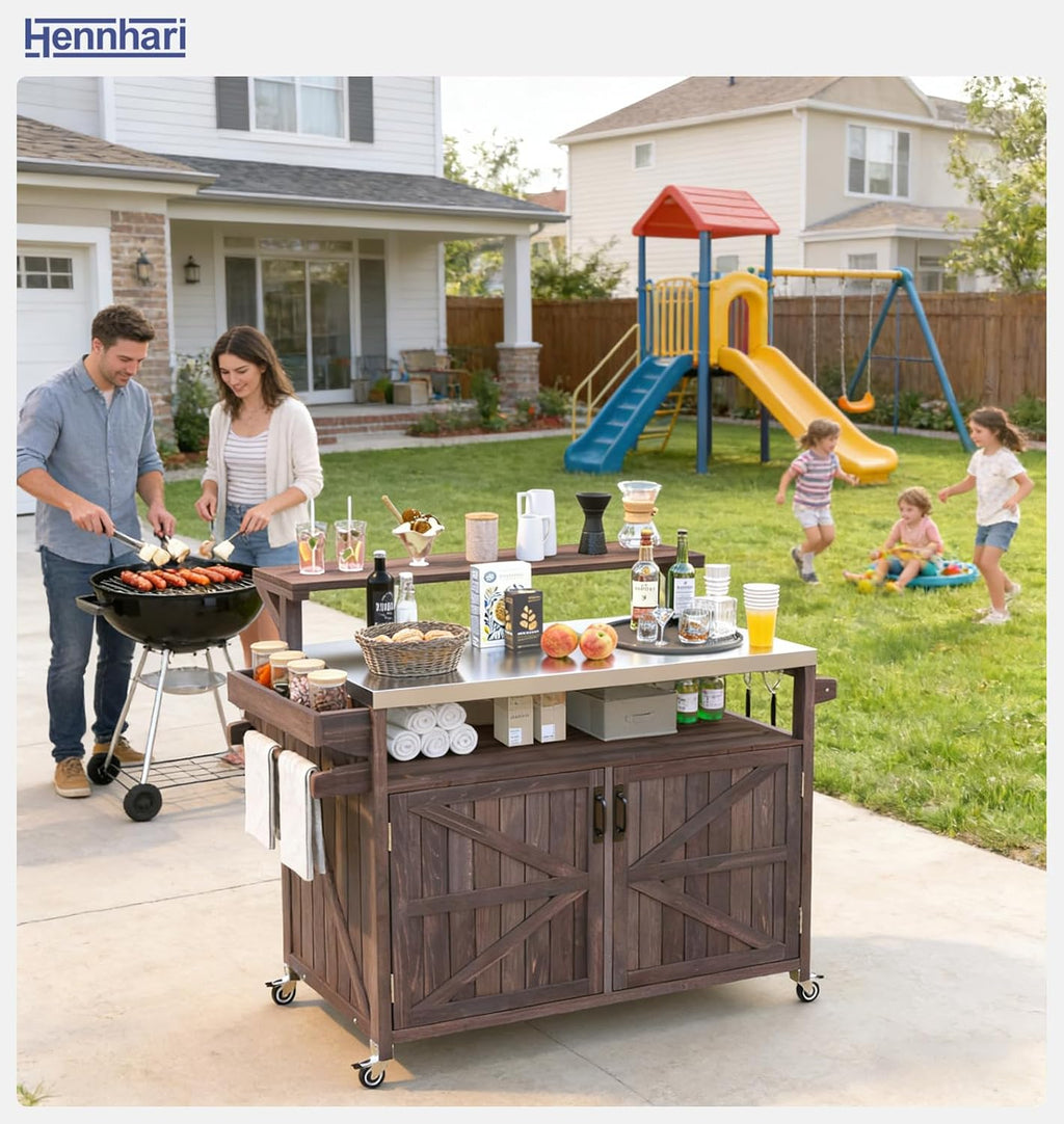 Outdoor Kitchen Island with Stainless Steel Top & Raised Shelf, Rolling Grill Cart with Spice & Towel Rack, Outdoor Island Table with Storage Cabinet & Hooks (Brown)