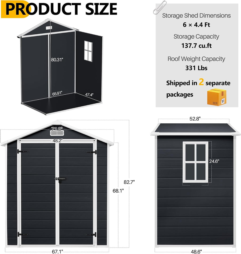 HUGROVE 6×4ft Outdoor Storage Shed with Floor, Waterproof & UV-Resistant Resin Garden Shed for Backyard with Lockable Double Doors, Air Vents & Side Window (Dark Gray)
