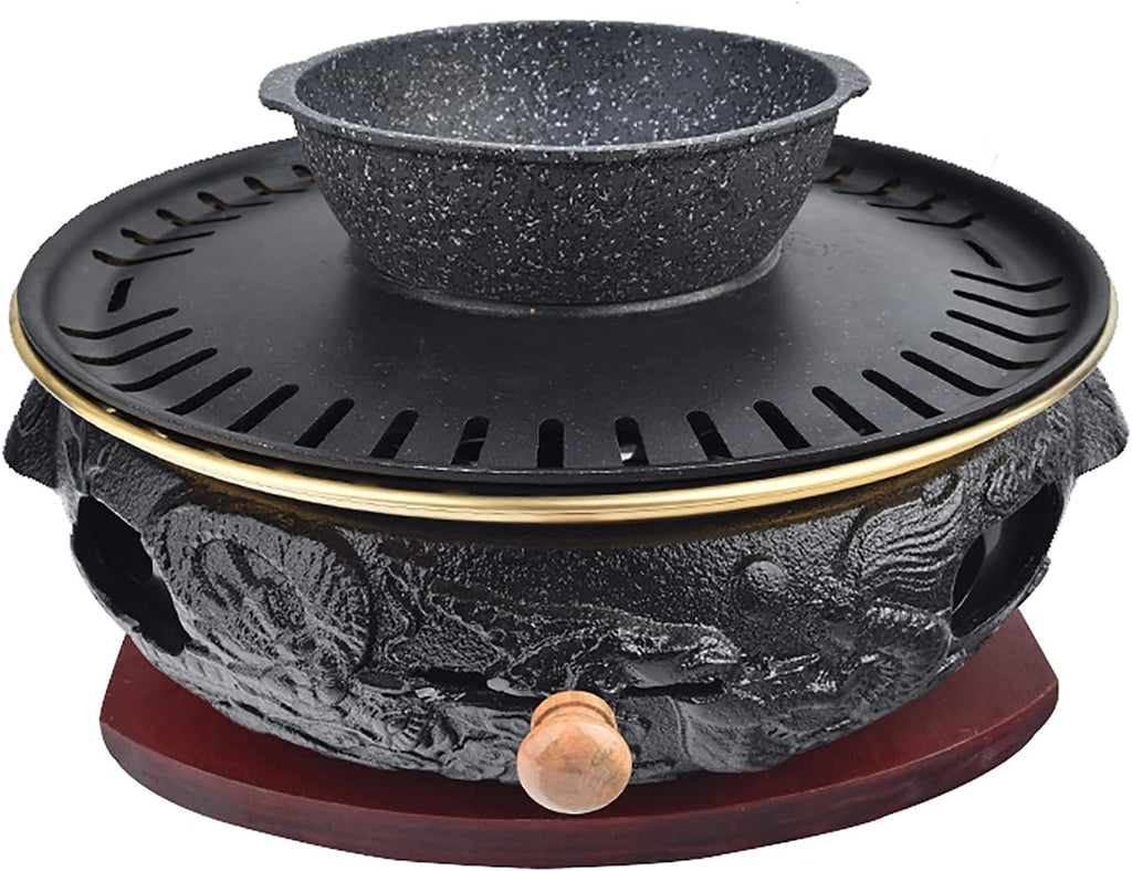 BBQ Barbeque Barbecue Grill, BBQ, Top Korean Smokeless Charcoal Dragon Pattern Cast Iron Grill, Stainless Steel Striped Plate, 18 Styles (Color : Q)