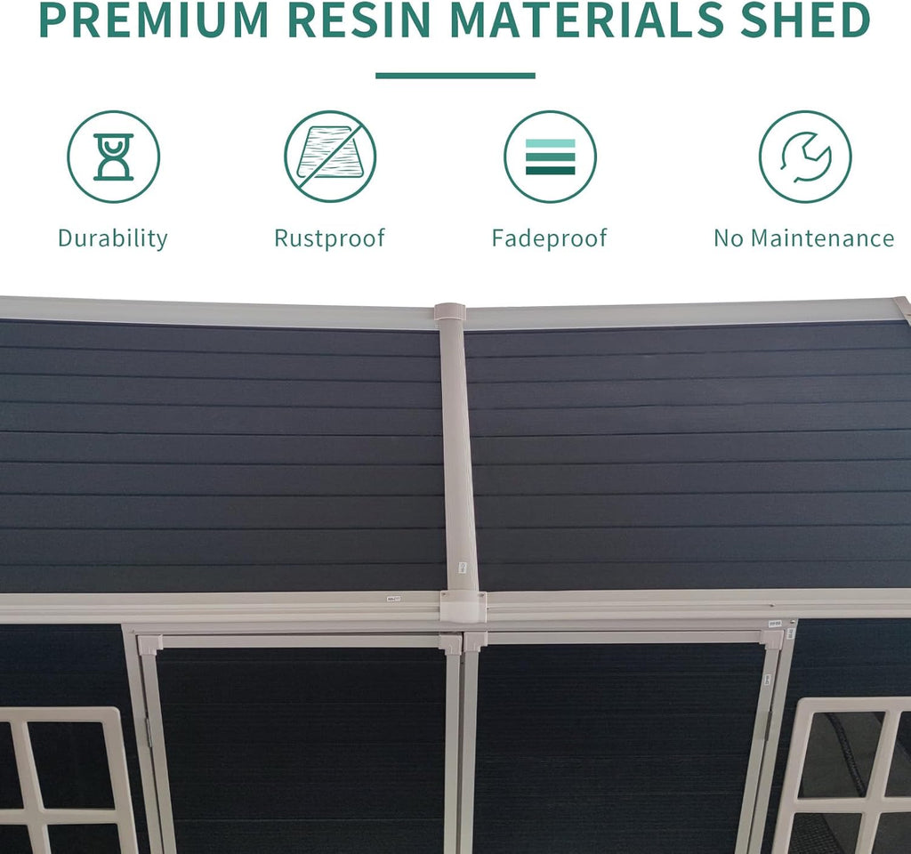8x4FT Plastic Sheds & Outdoor Storage, Resin Shed with Floor, Plastic Storage Shed with Double Lockable Doors, Windows & Steel Frame, Lawn Mower Shed for Backyard/Garden Tools/Bike (8x4FT)