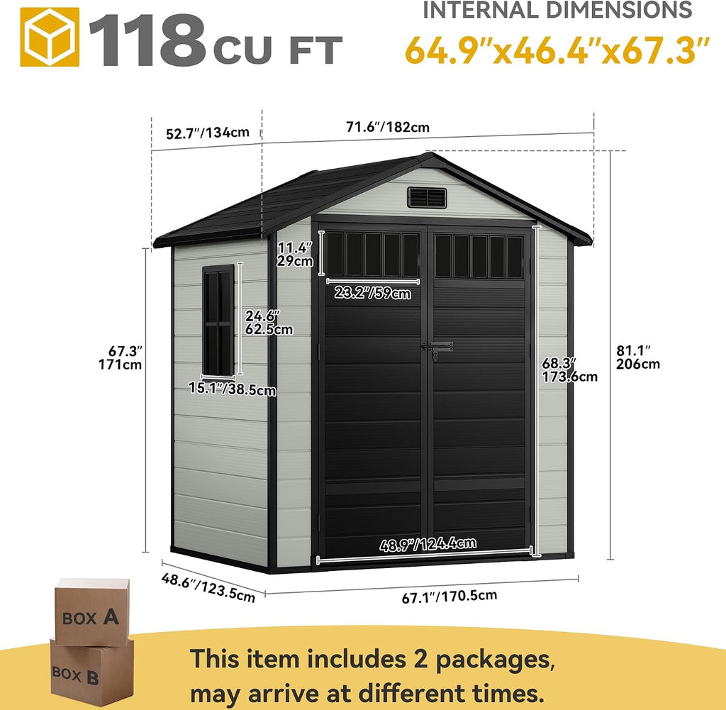 DWVO 6x4.4 FT Resin Storage Shed with Fence-Style and Side Windows, Lockable Door, and Vents Outdoor Storage Shed for Garden, Backyard, Patio, Lawn