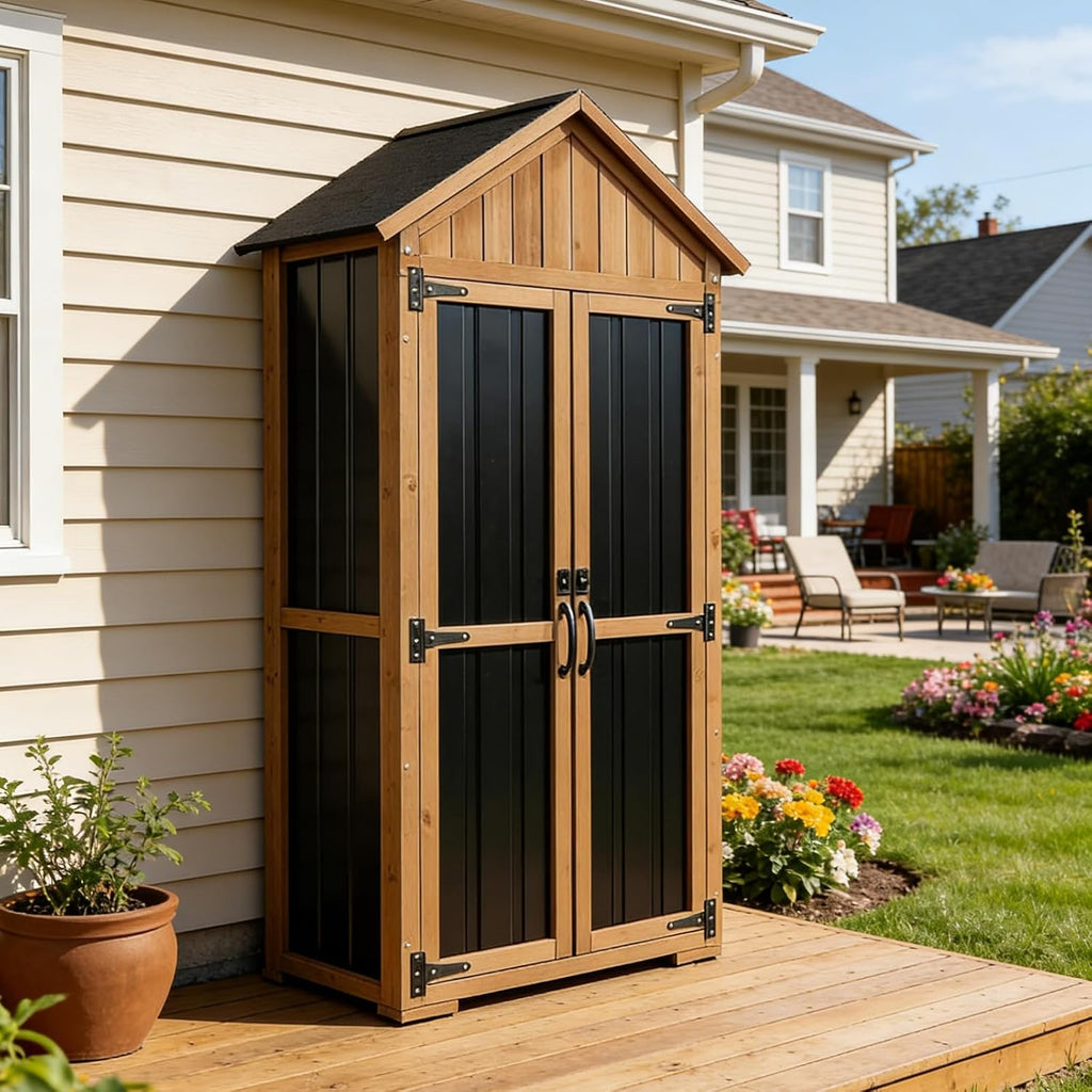 Outdoor Storage Cabinet with Shelves, Wood & Metal Storage Shed with Weatherproof Roof, 3 Removable Shelves, Double Lockable Doors, Adjustable Feet, Outside Storage Cabinet for Garage,Backyard, Patio