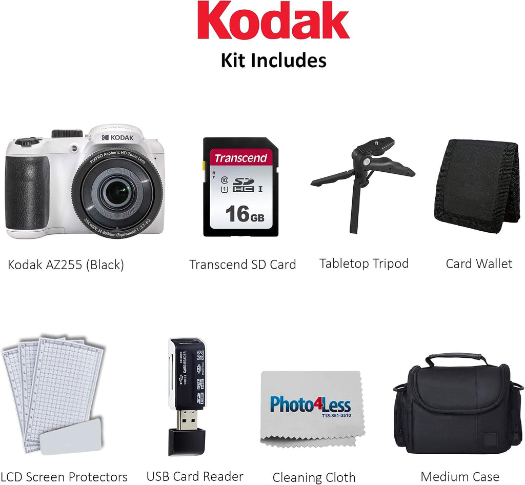 Kodak PIXPRO AZ255 Digital Camera (White), Point & Shoot Camera Case, 16GB Memory Card, USB Card Reader, Table Tripod, Accessories