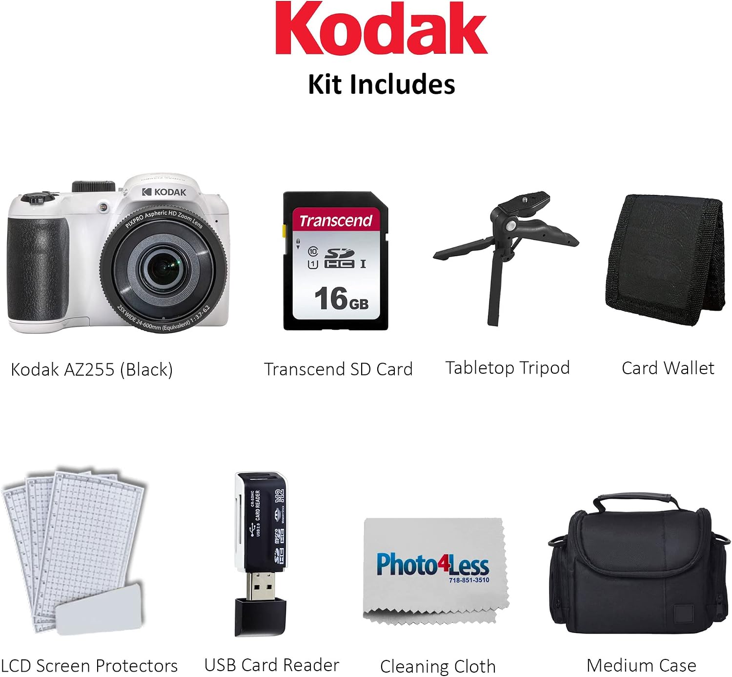 Kodak PIXPRO AZ255 Digital Camera (White), Point & Shoot Camera Case, 16GB Memory Card, USB Card Reader, Table Tripod, Accessories