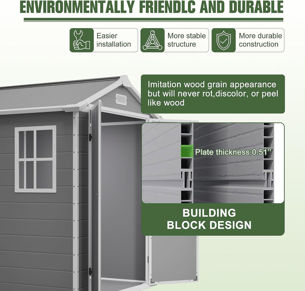 6x6 Resin Outdoor Storage Shed Kit Plastic Sheds Perfect to Store Patio Furniture, Garden Tools Bike Accessories, Beach Chairs and Lawn Mower, Grey & White