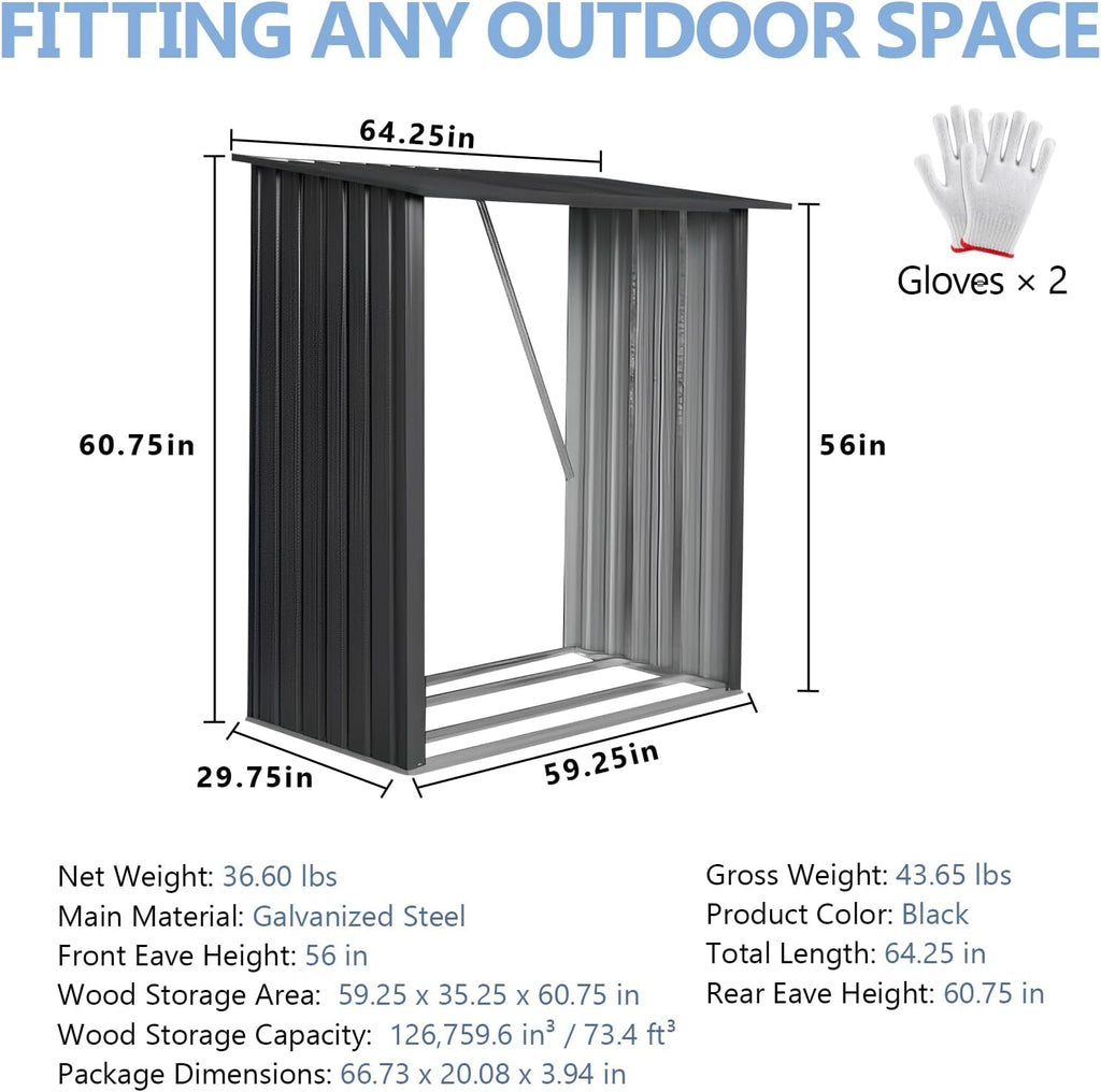 3' x5' Firewood Rack Outdoor, Metal Fire Wood Racks with Weatherproof Sloped Roof - Heavy Duty Galvanized Steel Log Rack, Open Wood Shed for Fireplace, Firewood, Pellet, or Lumber Storage - Black