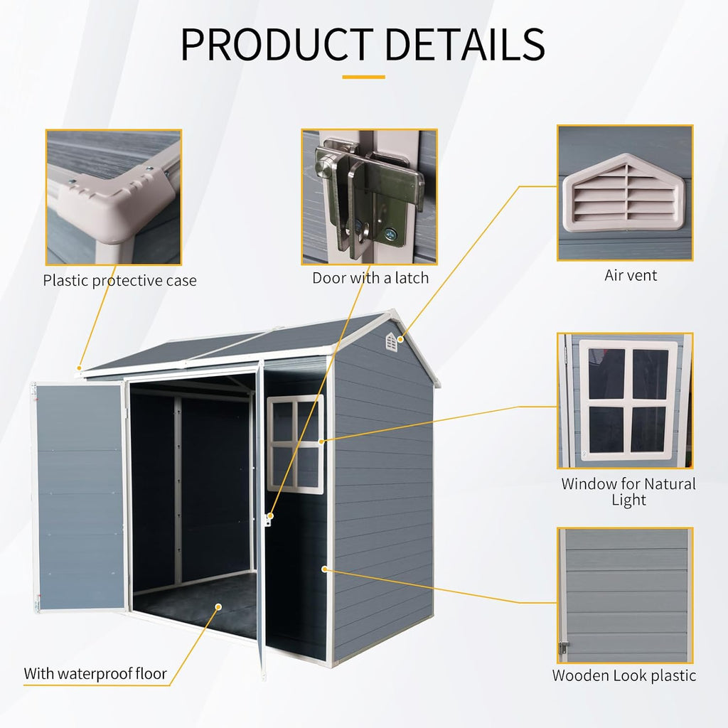 YOPTO 8x4 FT Outdoor Storage Shed,Garden Shed with Floor & 2 Windows,All Weather Waterproof Tool House W/Air Vent,Sloped Roof & Lockable Double Door,for Patio,Yard,Lawn,Grey