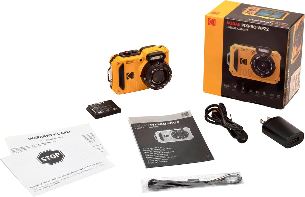 Kodak PIXPRO WPZ2 Rugged Waterproof Shockproof Dustproof WiFi Digital Camera 16MP 4X Optical Zoom 1080P Full HD Video Vlogging Camera 2.7' LCD (Yellow) + 32GB Card + Case + Floating Strap + Bundle