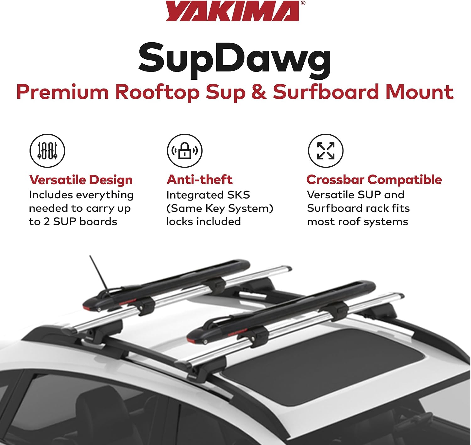 Yakima SupDawg Fully Assembled Rooftop SUP & Surfboard Mount, Holds 2 Boards up to 36' Wide, Tool-Free Installation, Integrated Rollers, SKS Locks