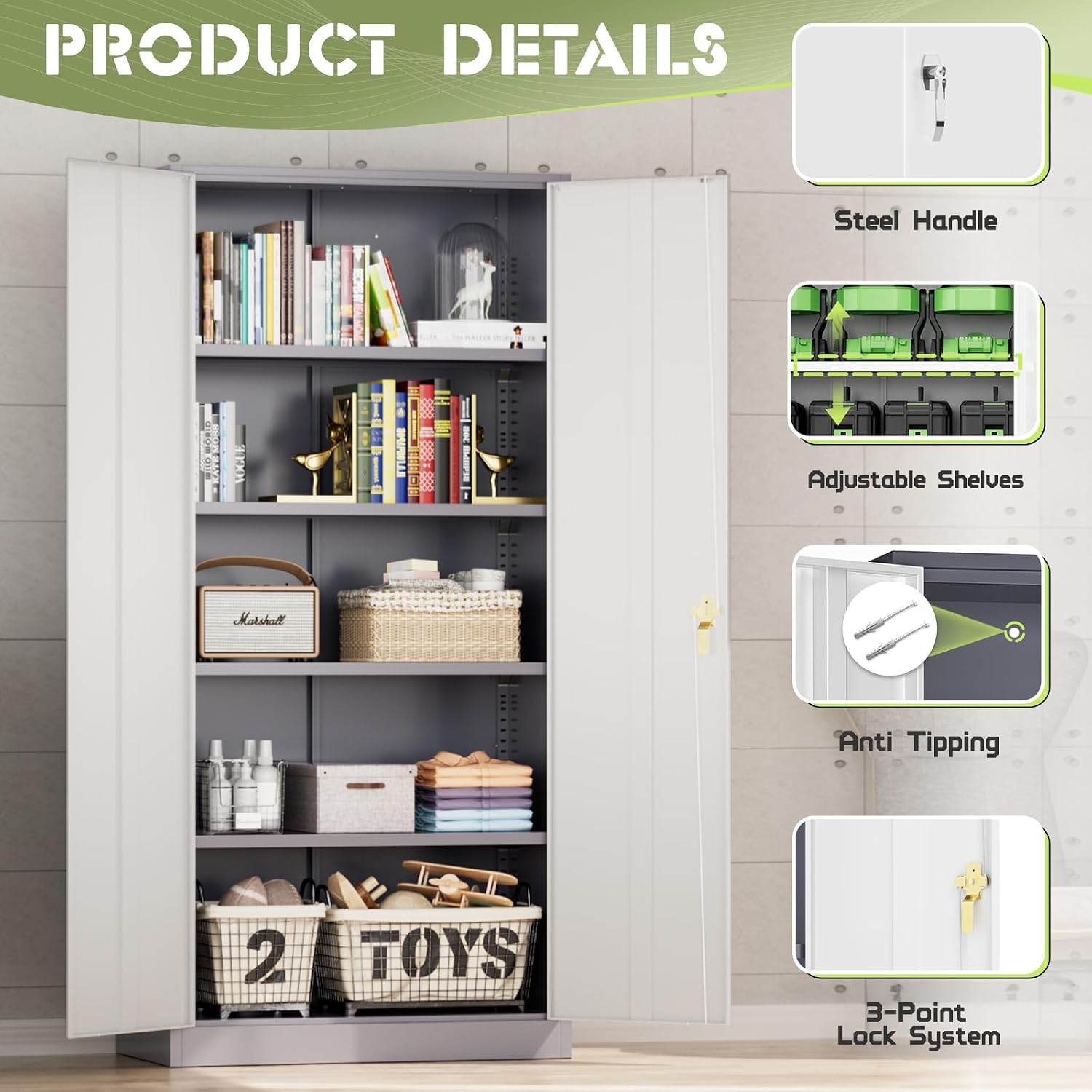 Incbruce 72' H x18 D Patio Metal Storage Cabinet, Outdoor Storage Cabinet with Doors and Adjustable Shelves, Tool Shed for Home, Patio, Office (Grey White)