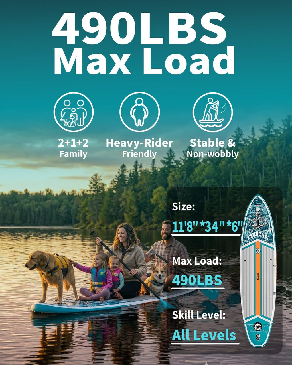 COOLCAA Dolphin Inflatable Paddle Board, Extra Wide & Stable SUP for Family and Beginners, Versatile for Water Activities, with Complete Accessories & Backpack