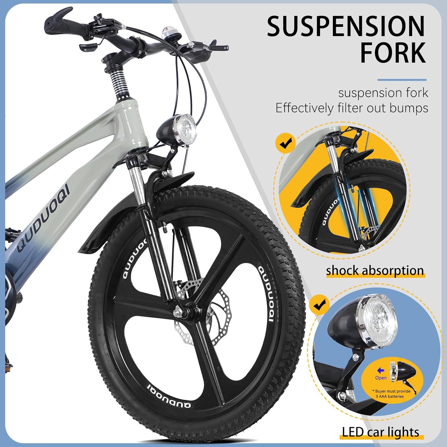 20 Inch Mountain Bike Bicycle for Kids Ages 7-12 with Dual Disc Brakes, 7 Speeds, Shock Absorber, LED Lights,for Boys & Girls