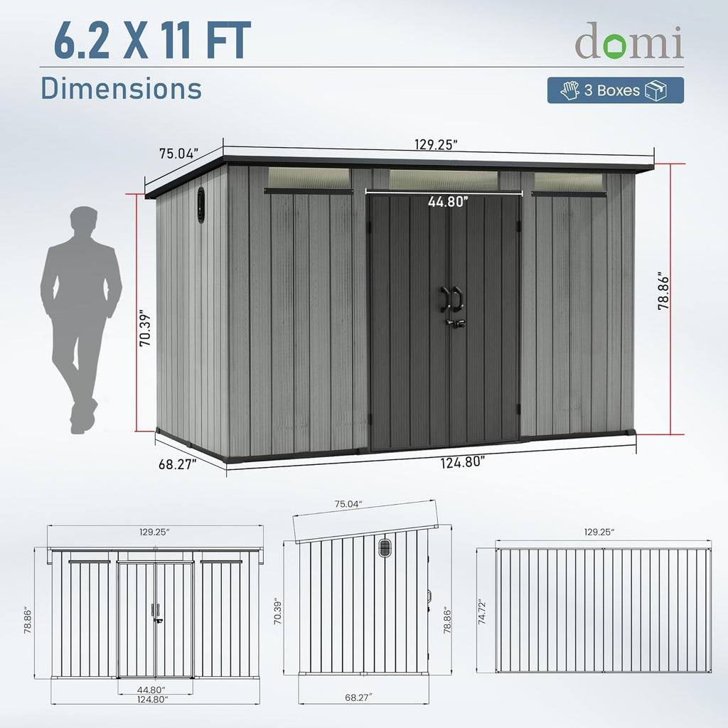 Domi 6.2X11FT Resin Outdoor Storage Shed, Plastic Garden Shed with Carpet, All Weather Outside Storage Building for Lawn Mower, Tools, Bike, Backyard