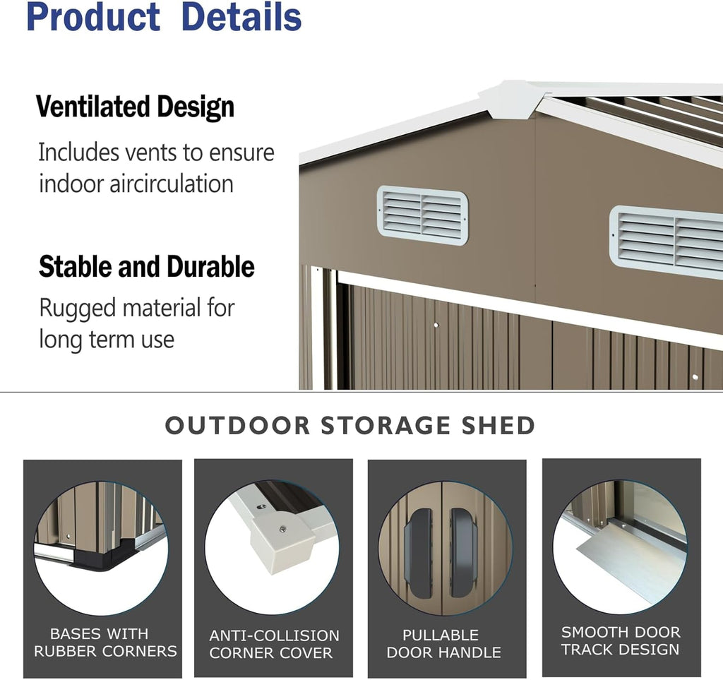 ALAULM 10'x8' Outdoor Storage Shed Outdoor Galvanized Metal Tool Shed with Vents & Sliding Door, Waterproof Garden Shed for Patio,Lawn,Backyard to Store Bikes,Tools-Brown