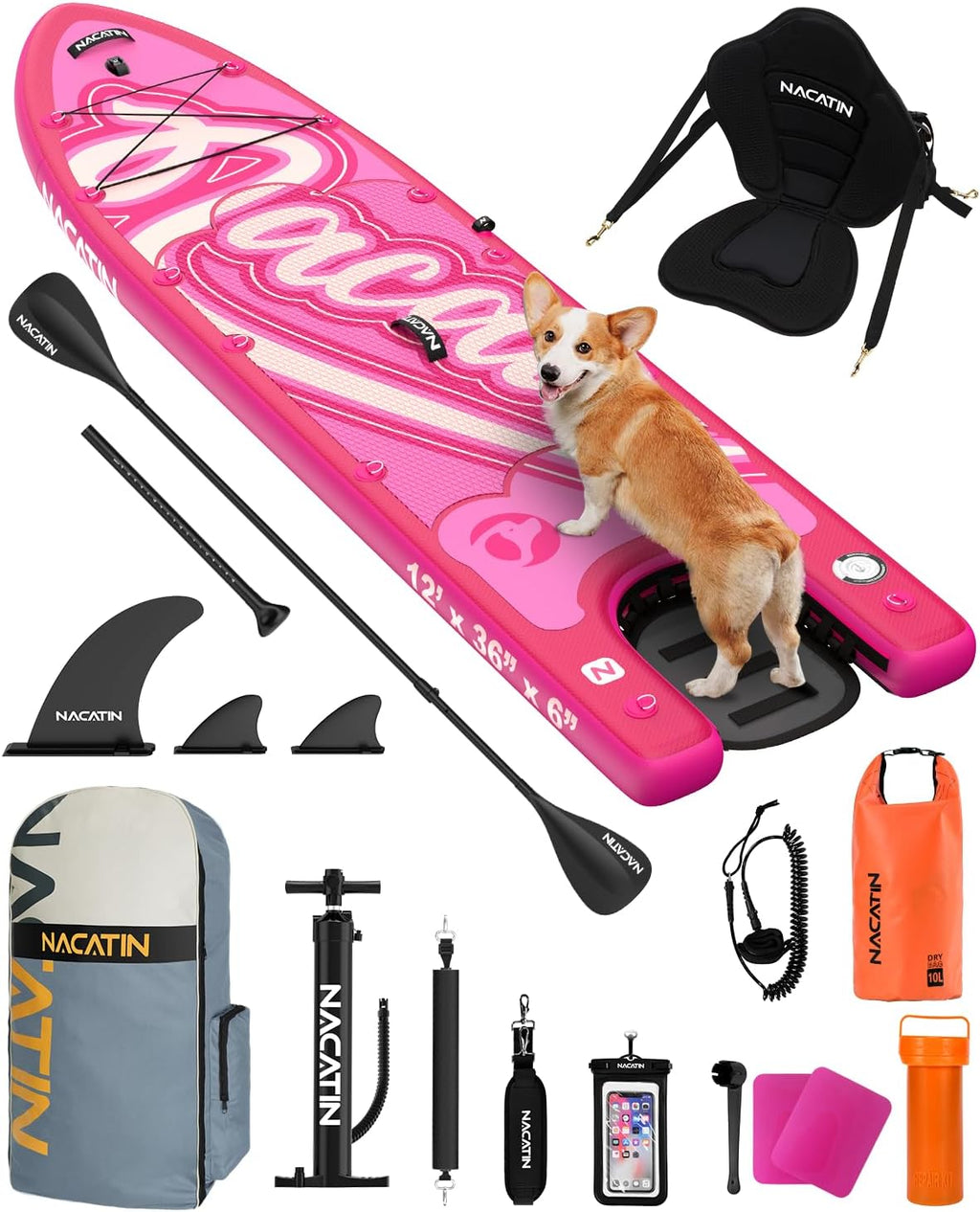 NACATIN Inflatable Stand Up Paddle Board - Premium SUP Board with Dog Ramp Kit, Complete SUP Set Paddle Boards for Adults with Single/Double Paddle, Kayak Seat, Suitable for Paddle Boarding with Dog