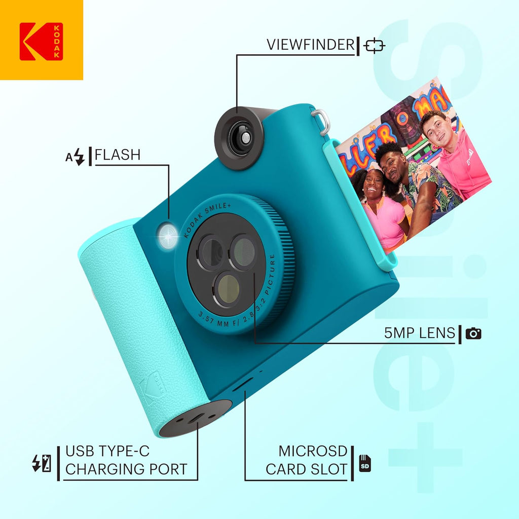 Kodak Smile+ 2-in-1 Digital Instant Print Camera & Wireless Bluetooth Photo Printer Starter Bundle + Carrying Case + Zink 20pk Sticky-Back Photo Paper - 10MP, Special-Effect Rotating Lens - Blue