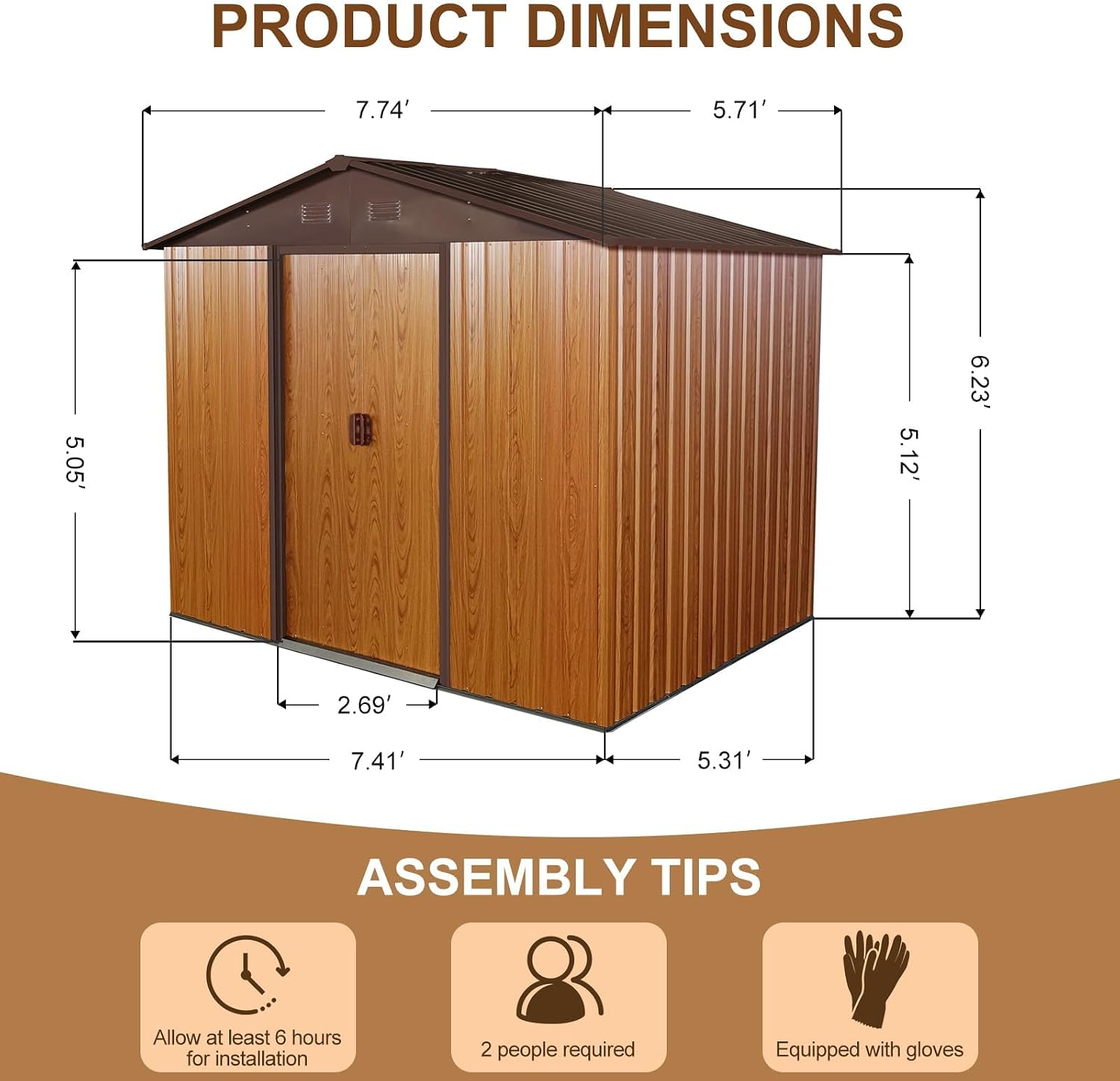 8 x 6 FT Outdoor Storage Shed, Metal Garden Shed with Floor Frame, Tool Shed Outdoor Storage with Lockable Sliding Doors & Air Vents, Storage House Waterproof for Backyard, Lawn, Coffee