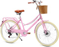 DEYGIA Kids Bike, Retro Cruiser Bike for Girls, 20 24 Inch 7-Speed Kids Bicycles for Ages 6-14 Girls Youth with Rattan Basket, Dual-Disc Brake Carbon Steel Frame Lightweight Bicycle, Multiple Colors